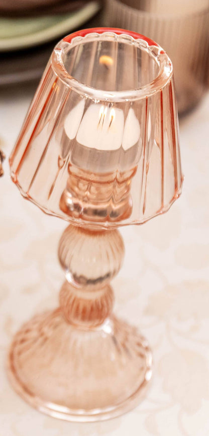 Pink Glass Candle Holder with Shade 8.5"H