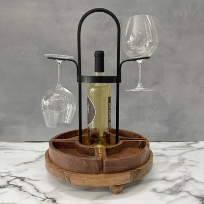 Wood and Metal Wine Bottle and Glass Caddy