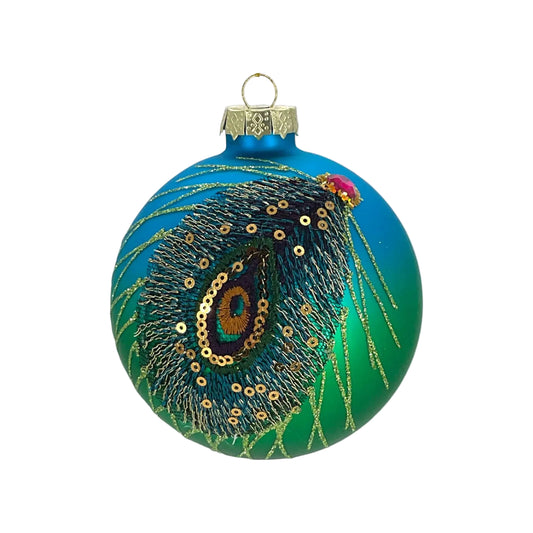 Teal Peacock Feather Ball Ornament
