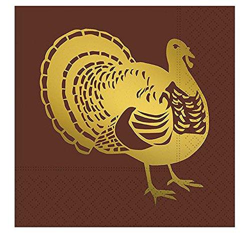 Gold Foil Turkey and Brown Beverage Napkins