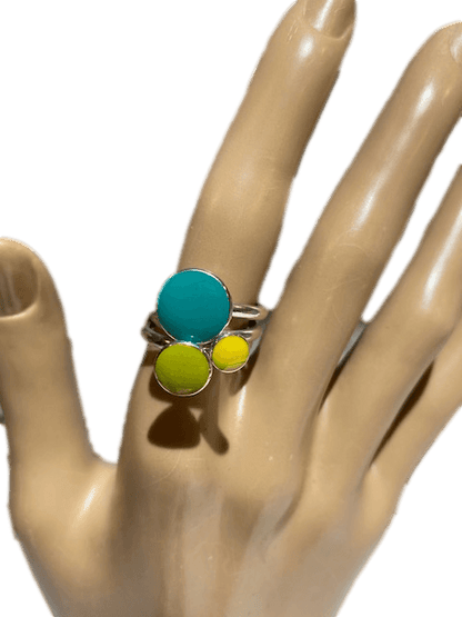 Blue Green Yellow Enamel and Sterling Silver Triple Ring
