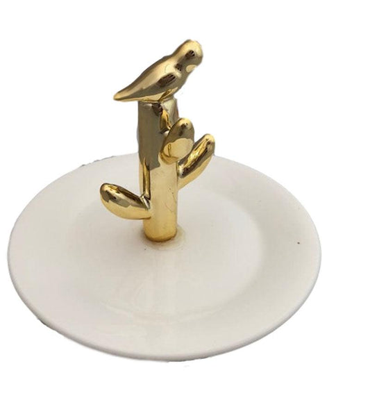 Gold Cactus with Bird Trinket Jewelry Holder  