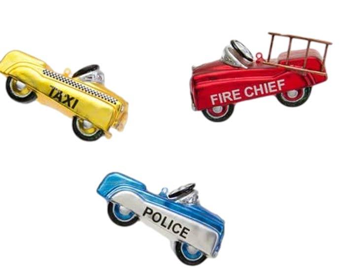 Retro Firetruck Taxi Police Pedal Cars Glass Ornaments