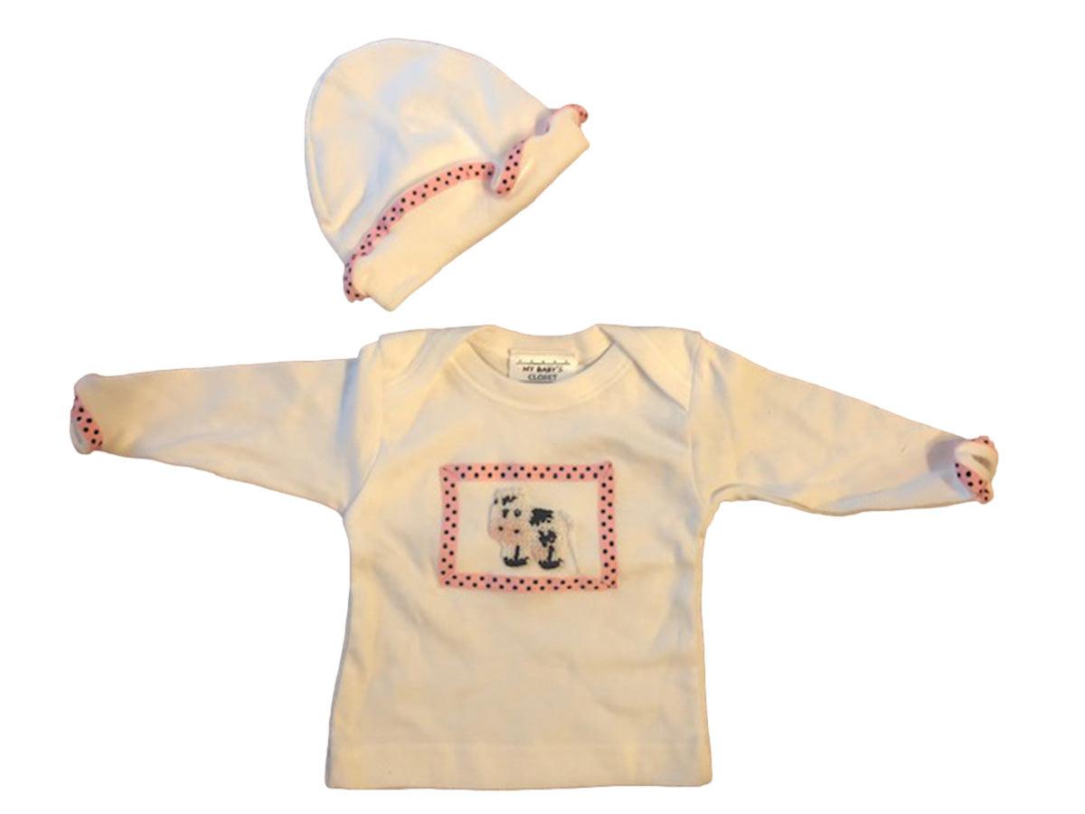 Pink and Black Cow Baby Tee Shirt with Matching Cap 