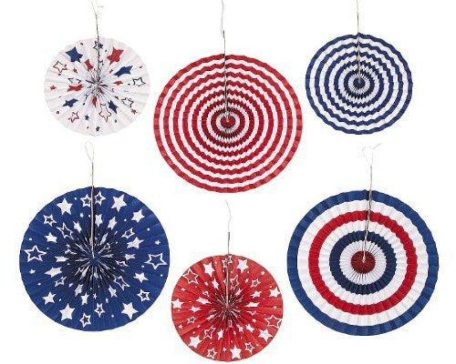 Red White Blue Hanging Paper Fans - 6 Piece Set