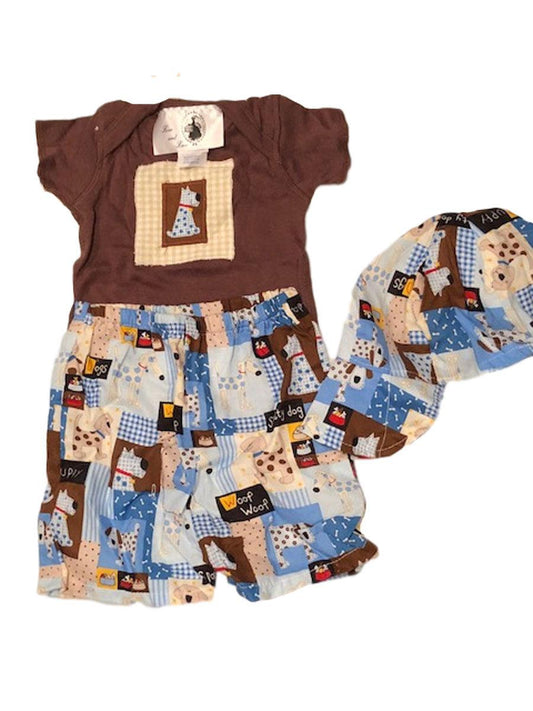 Patchwork Dog Pattern Infant Shorts with Matching Tee and Hat - A Gifted Solution