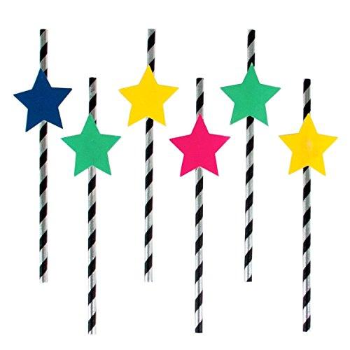 Black and White Stripe Straws with Multicolor Star Toppers