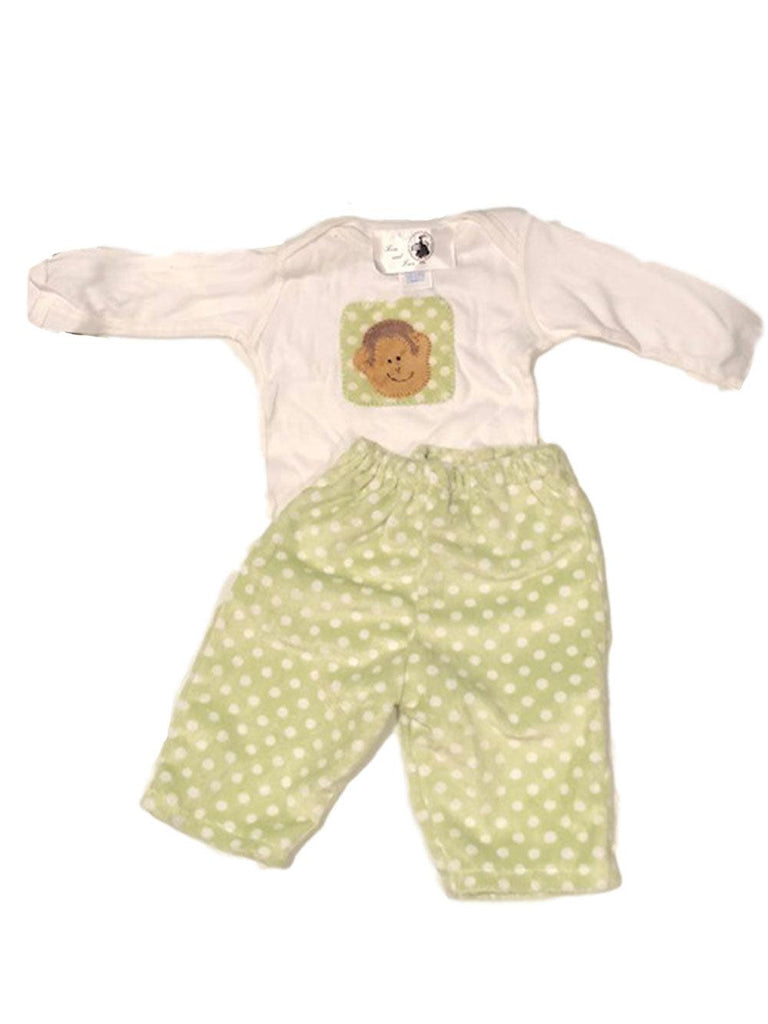 Infant Green and White Polka Dots Velour Pants and Matching Monkey Tee